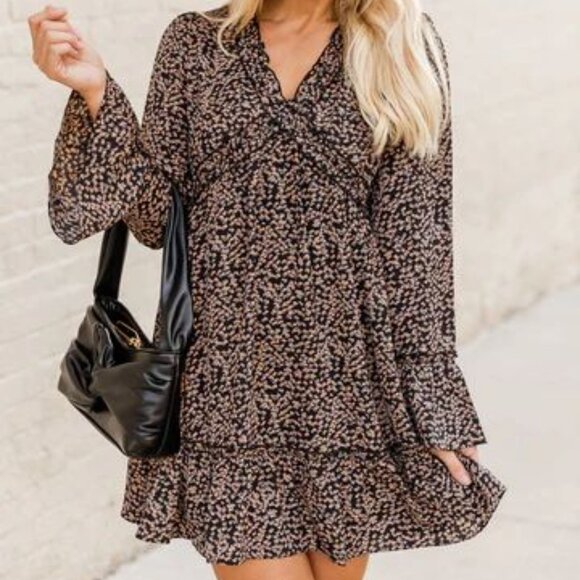 Pink Lily Black and Tan Floral Long Sleeve Mini Dress Size Medium - Picture 1 of 10